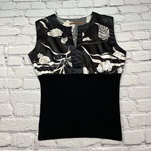 Belldini black & white Floral Sleeveless tank With Ribbed Knit Hem Women’s Large